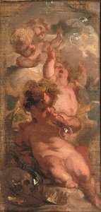 Een allegorie van Vanitas: Vier putti die bellen blazen, een schedel, een schilderspalet en een kroon in de buurt door Jacob de Wit
