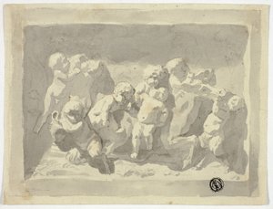 Baby Saters en Putti spelen met ezel door Jacob de Wit