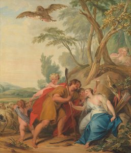 Jupiter, vermomd als herder, verleidt Mnemosyne, de godin van het geheugen