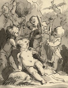 Putti die een lier bespelen door Jacob de Wit