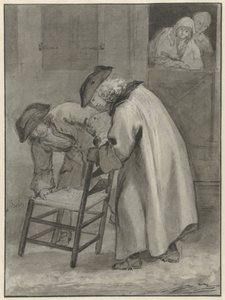 Twee mannen met steek bekijken een matten stoel door Jacob de Wit