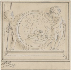 Twee putti met medaillon, waarin Narcissus en Echo