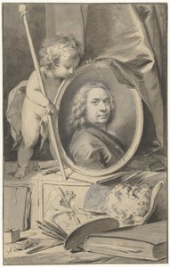 Zelfportret in medaillon omringd door schildersattributen