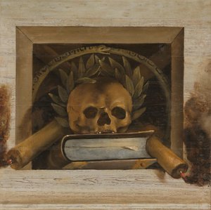 Vanitas stilleven met schedel met lauwerkrans, boek en twee brandende kaarsen door Jacob van Campen