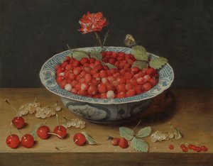 Wilde Aardbeien en een Anjer in een Wan-Li Kom, c. 1620