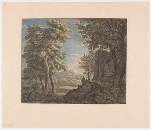 Arcadisch landschap met antiek bouwval en twee mannen