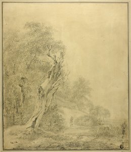 Dode boom aan waterkant, figuur nadert met paal door Jacob van Ruisdael