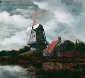 Landschap met boerderij en windmolen door Jacob van Ruisdael