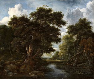 Boslandschap met jagers en een rivier door Jacob van Ruisdael