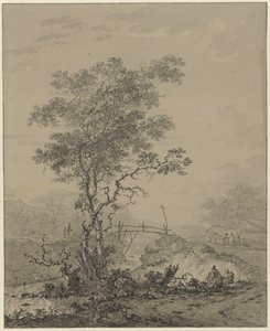 Bergachtig landschap met een boom bij een rivier, een brug en enkele figuren