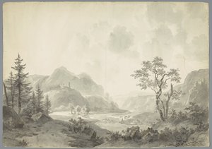 Berglandschap met een rivier door Jacob van Strij