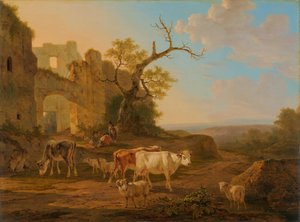 Landschap met koeien bij een ruïne