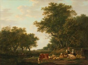 Landschap met Boeren met hun Vee en Vissers aan het Water door Jacob van Strij