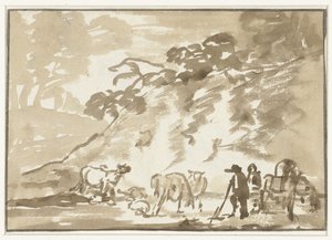 Landschap met koeien en een herder