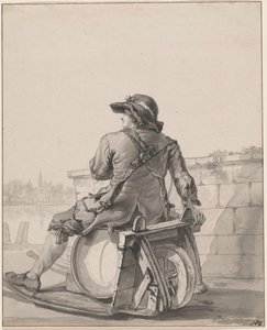 Man Zittend op een Vat op een Kruiwagen