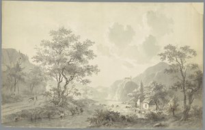 Watervalletje bij een meer in een berglandschap door Jacob van Strij