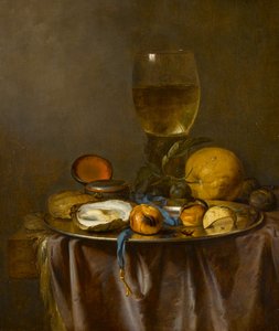 Stilleven met een roemer, uurwerk, oester en fruit