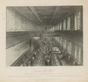 De kamer van de brievenbestellers ingericht voor de verzending van kranten door Jacob van der Heyden