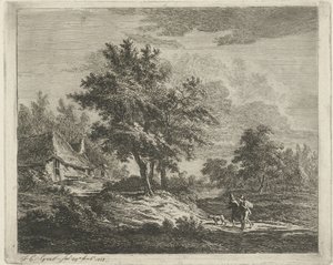Landschap met wandelaars bij drie boomen