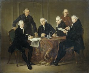 De vier regenten, de secretaris en de huisvader van het Leprozenhuis van Amsterdam, 1773