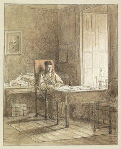 Portret van Gerrit Lamberts, zittend in een leunstoel in het Prentenkabinet door Jacobus Ludovicus Cornet