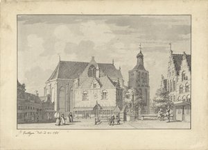 De kerk, waag en vismarkt in Workum door Jacobus Versteegen