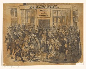 Menigte voor een boekhandel om De Komiek te bemachtigen door Jacobus Wilhelmus Adrianus Hilverdink (possibly)