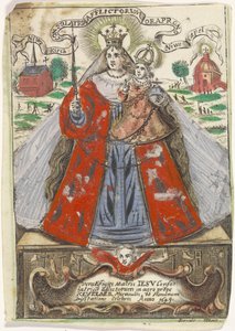 Maria met Kind met achter haar twee kerkgebouwen door Jacobus de Man (I)