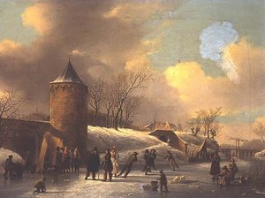 Schaatsers op een bevroren waterweg bij een toren