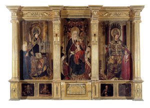 Het altaarstuk van Sint-Ildefons (overleden 667, bisschop van Toledo) en Sint-Augustinus van Hippo (ca. 354-430, Berber filosoof en schrijver). Schilderij door Jaume Baco genaamd Jacomart (1410-1461). Olie op hout, circa 1450, Renaissancekunst. Kathedraal  door Jacomart (c.1413 61) Baco