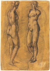 Kopie van een Antiek Standbeeld van een Staande Vrouw (twee aanzichten), boven een Schets van een Putto door Jacopo Chimenti