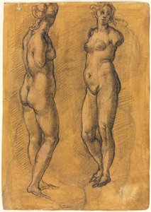 Kopie van een antiek standbeeld van een staande vrouw twee aanzichten, boven een schets van een putto, 1570s door Jacopo Chimenti
