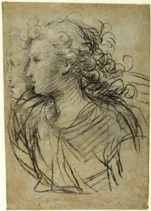 Halflang zicht van vrouw in profiel naar links (recto); Halflang zicht van figuur in driekwart profiel (verso) door Jacopo Confortini