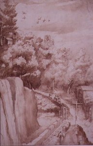PD.52-1997 Uitzicht op het klooster van La Verna, de weg naar het klooster, ca. 1607-12 (wassing, pen en inkt op papier) door Jacopo Ligozzi
