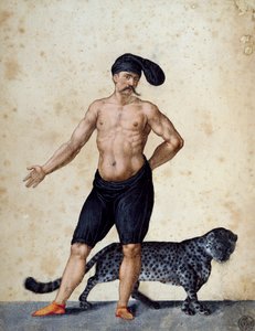 Jonge Afrikaanse man staand vooraan, half gekleed met lange berretta (muts) op zijn hoofd, met tijger achter hem, tekening door Jacopo Ligozzi (1547-1627) door Jacopo Ligozzi