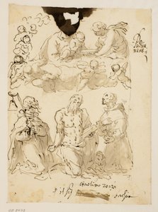 Heiligen Antonius, Jerome en Bernardino knielend, met de Maagd en het kind Christus omringd door engelen door Jacopo Palma