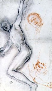 Studie van Christus aan het kruis genageld, het hoofd tweemaal gerepeteerd