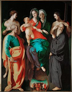 De Maagd met Sint-Anna en vier heiligen (Petrus Sebastiaan, Benedictus en de goede boosdoener ... door Jacopo Pontormo