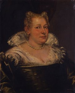 Portret van een dame, buste lengte in een groene jurk met een witte kraag