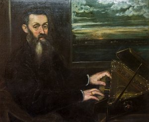 Portret van een oude heer bij het spinet