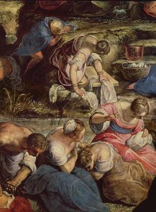 Het verzamelen van manna, centraal detail: naaiende vrouw