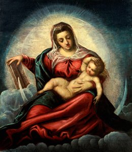 De Madonna en Kind in een mandorla op een halve maan en wolken, met het boek der wijsheid door Jacopo Robusti Tintoretto