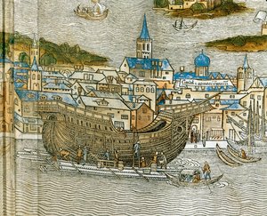 Het bouwen van een galei in een scheepswerf in Venetië, uit Peregrinatio in Terram Sanctam, voor het eerst gedrukt in het Latijn in 1486 ... (houtsnede) door Jacopo de