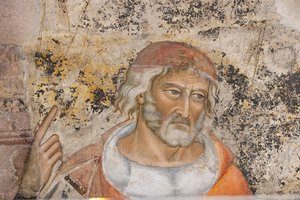Portret van Isocrates of Demosthenes, detail van de allegorie van Retoriek (fresco)