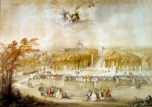 Perspectief van de tuinen en parterres du Nord en het kasteel van Versailles genomen vanaf het Neptunusbassin