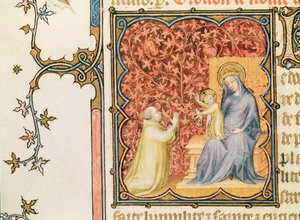 Jean de France (1340-1416) Hertog van Berry Biddend voor de Maagd en het Kind, uit Les Petites Heures de Duc de Berry, c.1385-90
