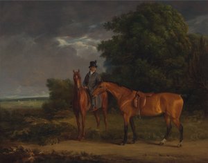 Een Staljongen Gezeten op een Kastanjebruine Jager, Hij Houdt een Bruine Jager bij de Teugels door Jacques-Laurent Agasse