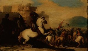 Een cavaleriegevecht buiten een fort