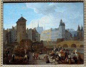 Franse Revolutie: Uitzicht op de brug en de pomp Notre-Dame in Parijs door Jacques Albert Senave