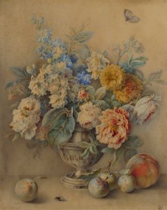 Bloemen in een Zilveren Gieter, Fruit op de Voorgrond door Jacques André Portail